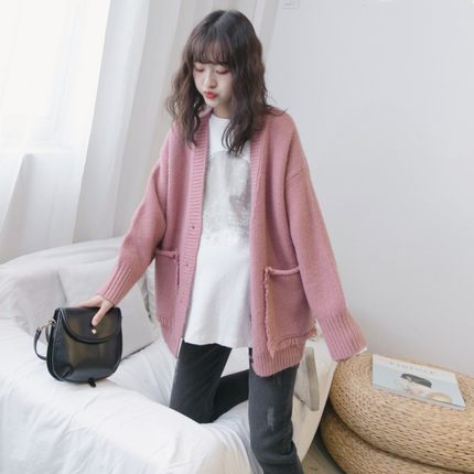 慵懒风孕妇毛衣开衫针织孕妇秋冬上衣中长K款潮妈宽松韩版女外套