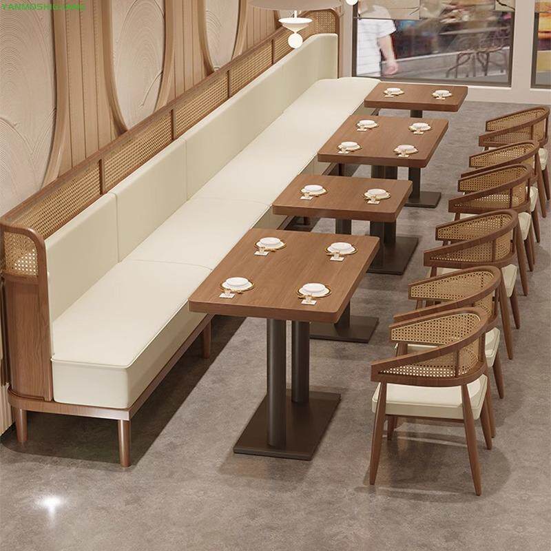 新中式主题餐厅卡座沙发实木藤编餐饮店饭店咖啡厅西餐厅桌椅组合