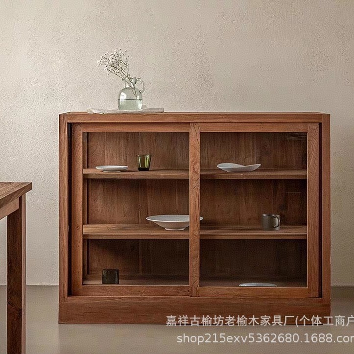 榆木餐边柜实木客厅靠墙茶水柜民宿餐厅玻璃储物收纳柜复古风柜子