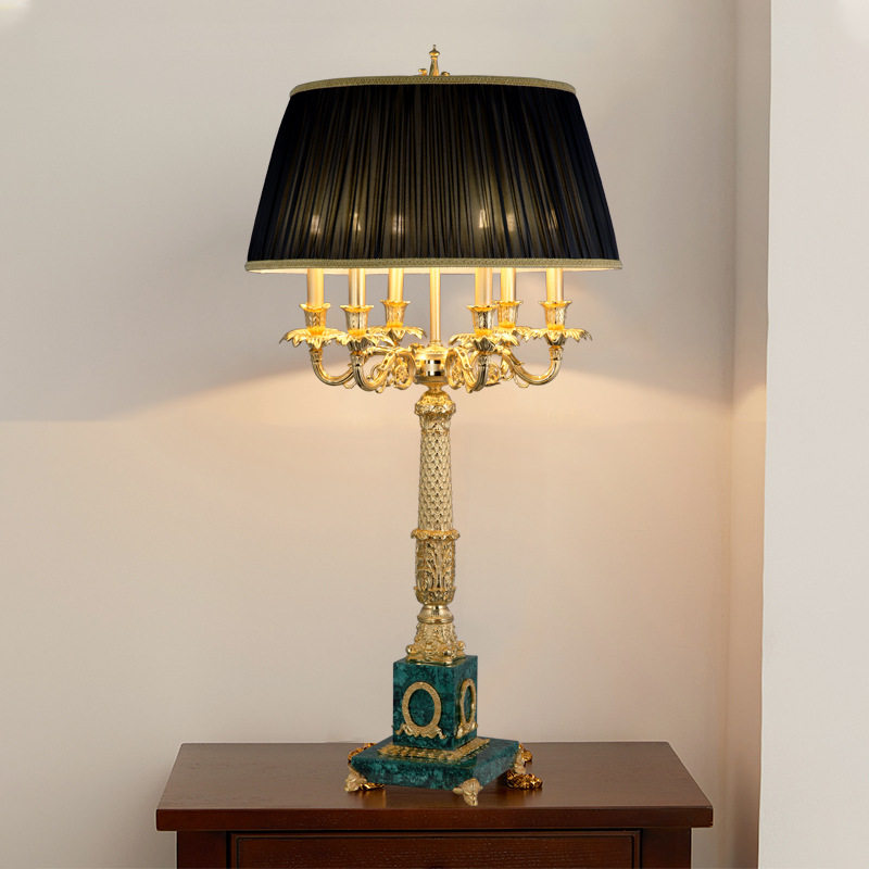 简约法式轻奢全铜客厅台灯豪华别墅酒店前台灯孔雀石摆饰立式金灯
