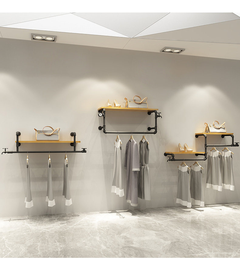 服装店展示架墙上复古壁挂墙上挂衣架层架水管工业风架时尚展示架