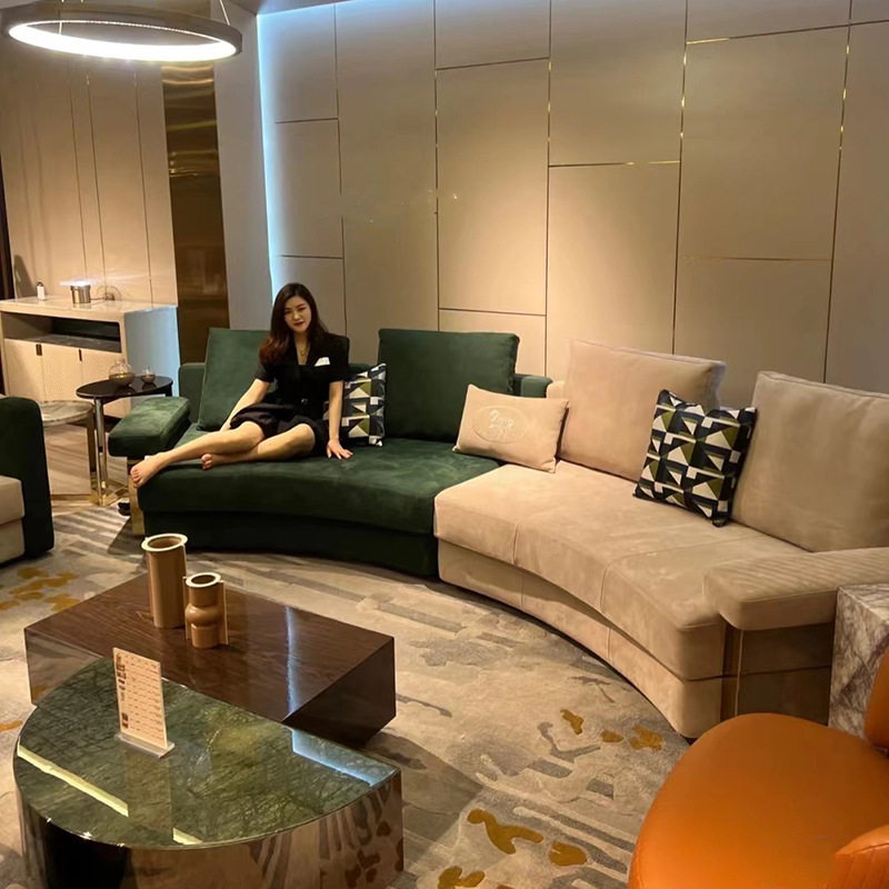 意式后现代双拼色磨砂真皮沙发大户型别墅高端定制弧形沙发家具