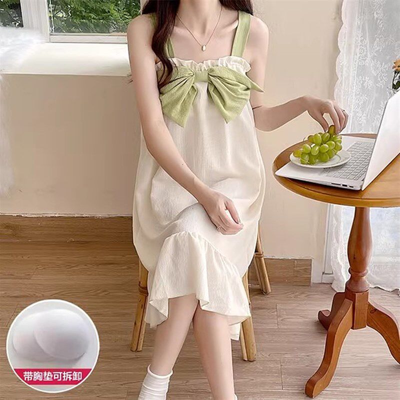 带胸垫睡裙女款夏天简约甜美吊带睡衣夏季薄款无袖背带女生家居服图片