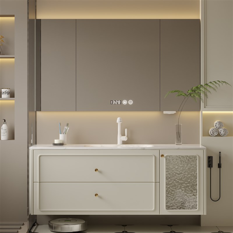 法式奶油风浴室柜组合岩板热弯一体盆橡木洗漱台卫生间洗手洗脸盆