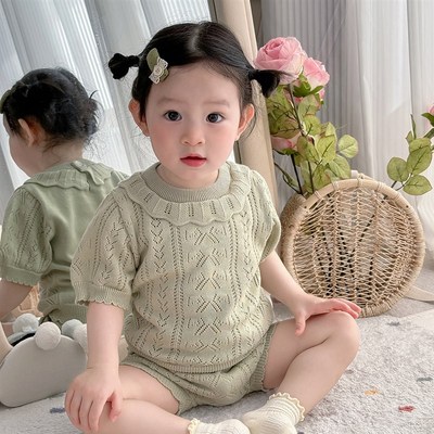 婴儿衣服夏装f女宝宝女童镂空针织毛线花边领上衣短裤公主套装薄