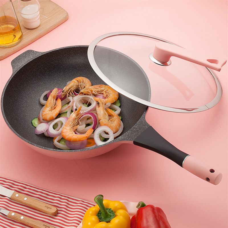 韩国粉色麦饭石不粘锅炒锅无涂层无油烟炒菜锅具电磁炉煤气两用