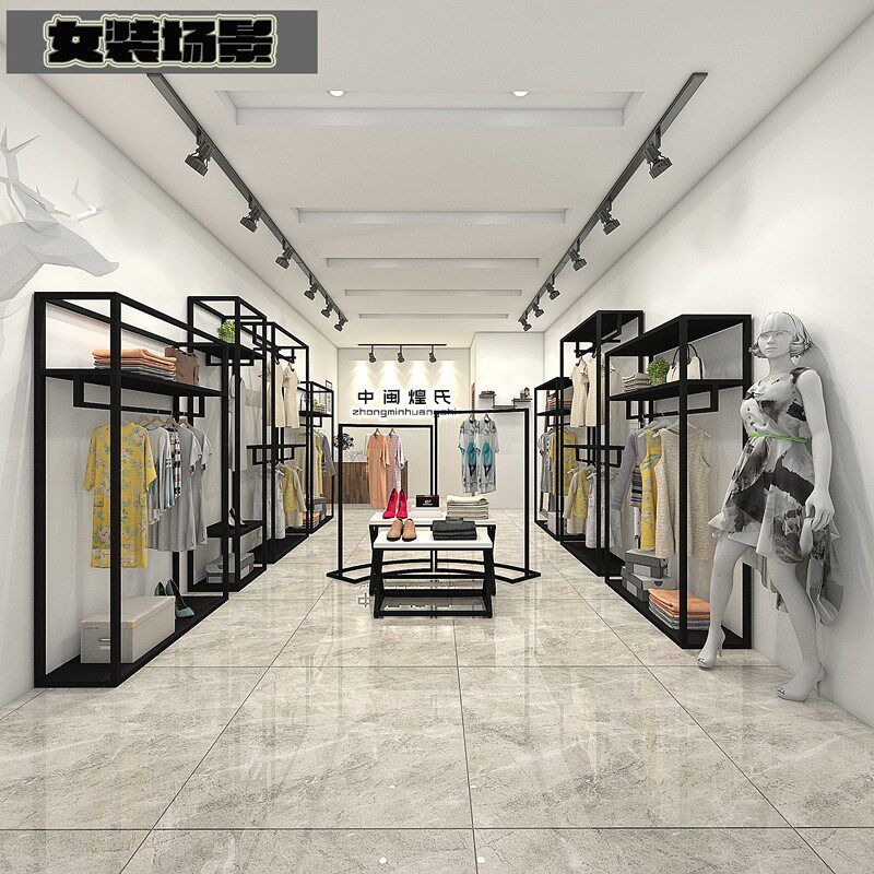 简约时尚服装店展示架双层挂衣架女装铁艺陈列架男装边岛组合货架