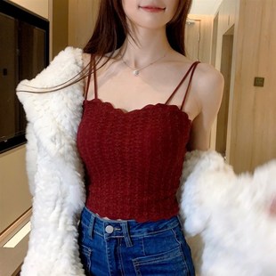 红色吊带背心女带胸垫蕾丝花边领内搭小胸显大R文胸一体美背内衣