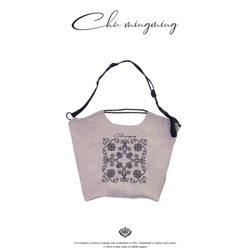 CHU楚妞[提花]亚麻刺绣手提袋春季新款女可折叠手提单肩包