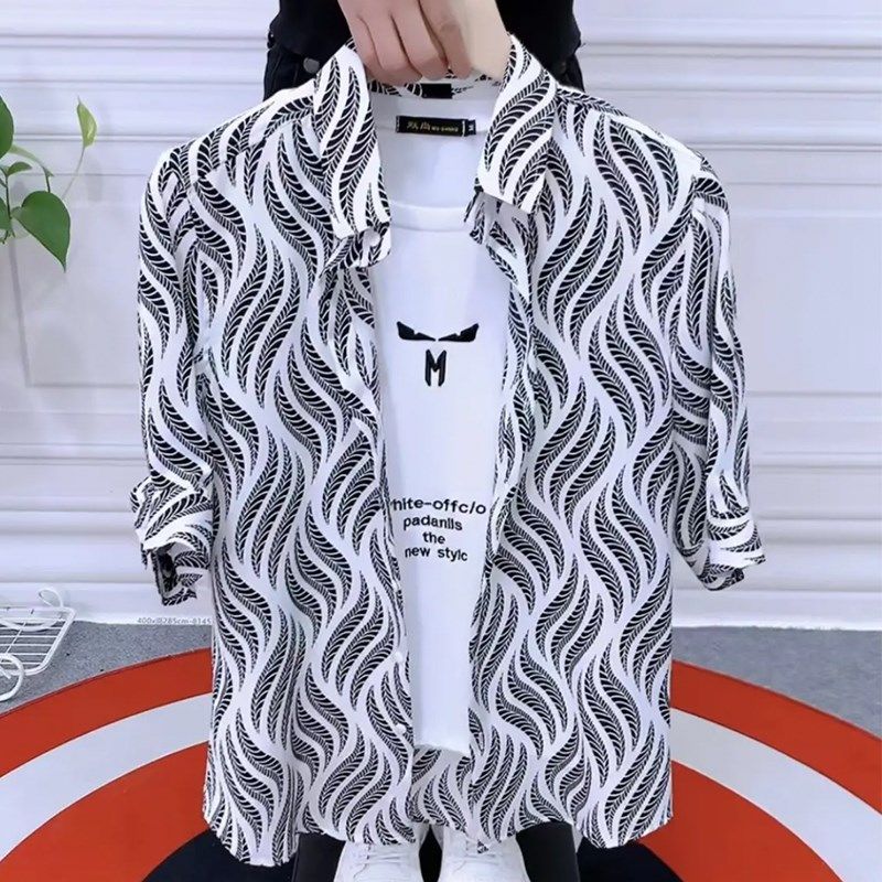 夏季印花衬衫男中袖潮流韩版个性发型师衬衣网红时尚青年修身上衣,男装,衬衫,淘宝优惠券,粉丝福利购,淘宝优惠卷