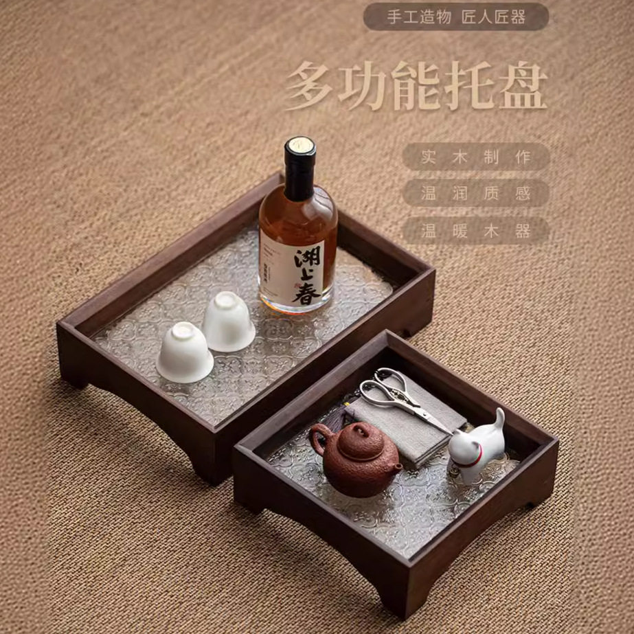 胡桃木托盘方形复古海棠花玻璃茶奉盘轻奢家用干泡收纳架子小茶台