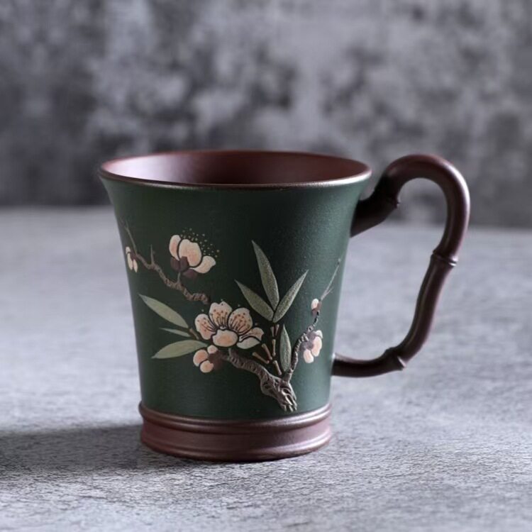 宜兴紫砂茶杯品茗杯客杯 梅霞款 竹节粉浆手绘桃花