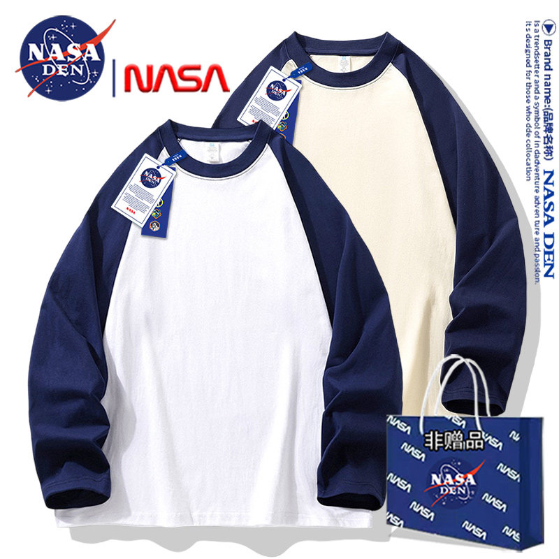NASA联名日系重磅纯棉插肩长袖T恤男女款2026年简约纯色拼接上衣,男装,T恤,淘宝优惠券,粉丝福利购,淘宝优惠卷