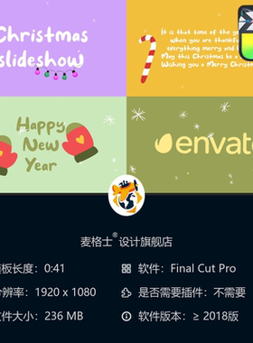 FCPX圣诞MG动画贺卡模板 糖果拐杖彩球礼物树2D卡通动态元素集