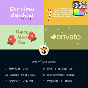 FCPX圣诞MG动画贺卡模板 素集 糖果拐杖彩球礼物树2D卡通动态元