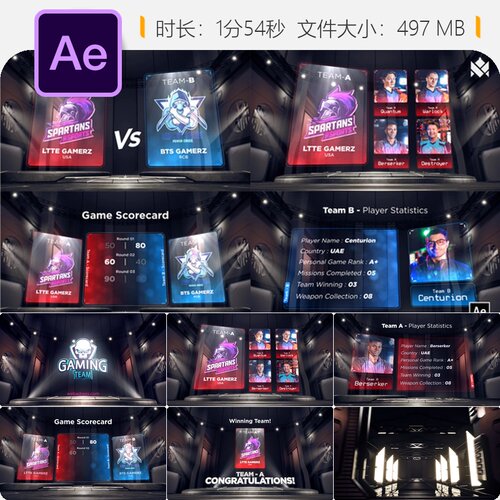 电竞游戏图形包AE模板4K广播包装3D动态开场动画体育科技数字