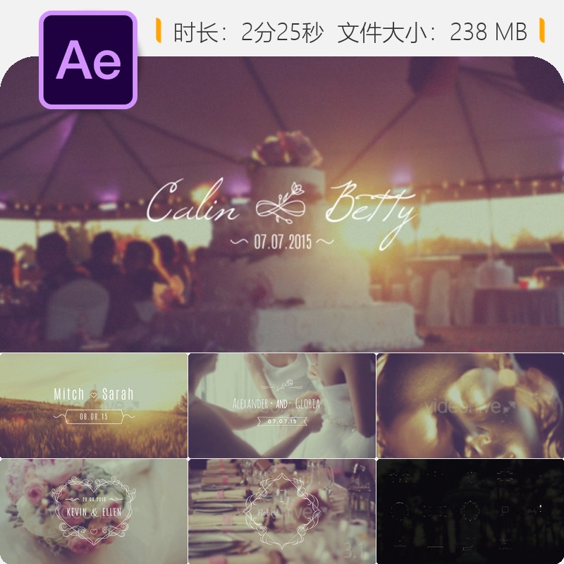 AE模板婚礼合集复古电影感片头4K简洁动画婚礼婚礼开场视频制作