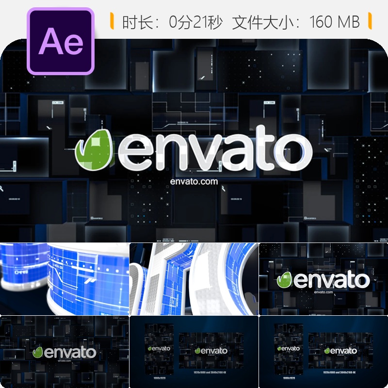 未来科技数据网格数字代码AE模板4K蓝色赛博风格玻璃质感LOGO动画