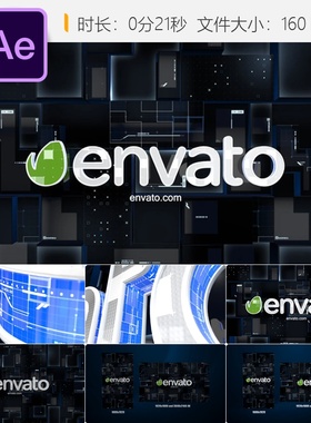 未来科技数据网格数字代码AE模板4K蓝色赛博风格玻璃质感LOGO动画