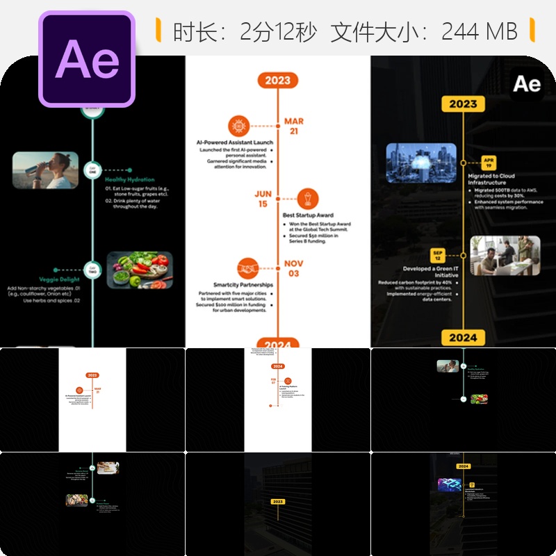 垂直时间线信息图表动画AE模板企业项目规划与年度回顾工作流程