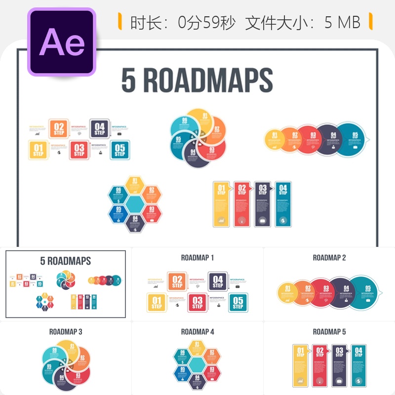 AE模板信息图表路线图企业商务流程图时间轴进度条动画设计制作
