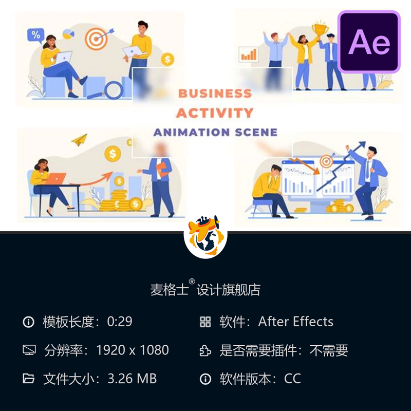 商务人物动画场景AE模板商业活动高管讨论设计元素4K效果展示