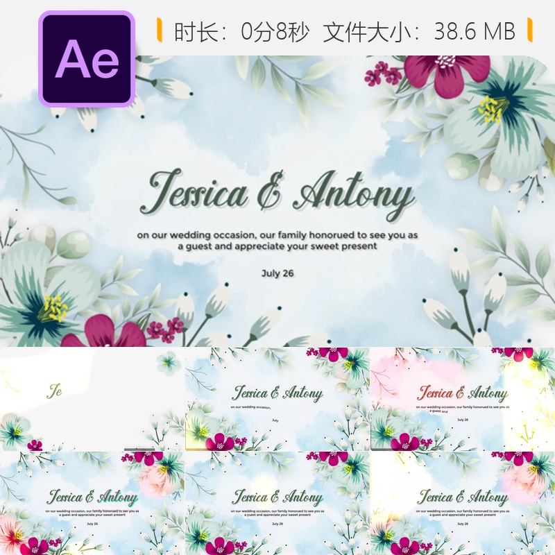 优雅花卉婚礼邀请AE模板手绘花朵新娘开场视频4K高清浪漫风格