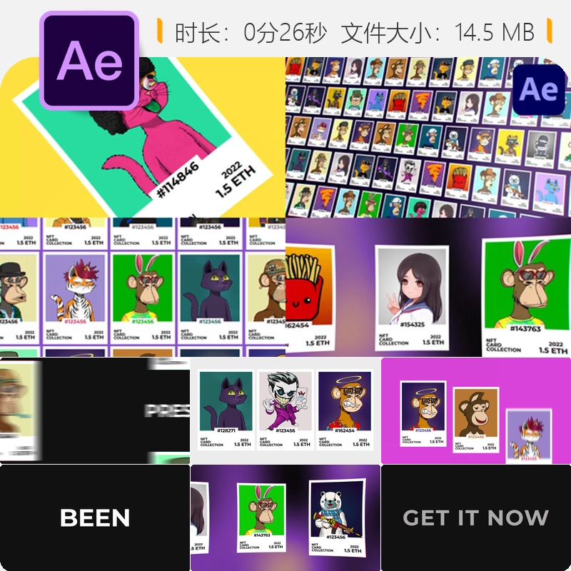 NFT数字艺术收藏品AE模板动态画廊区块链加密艺术开场动画片头