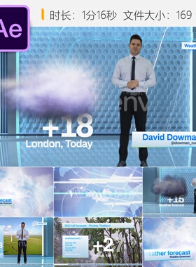 AE模板3D地球气候预报广播频道蓝色标识云朵片头动画4K高清特效