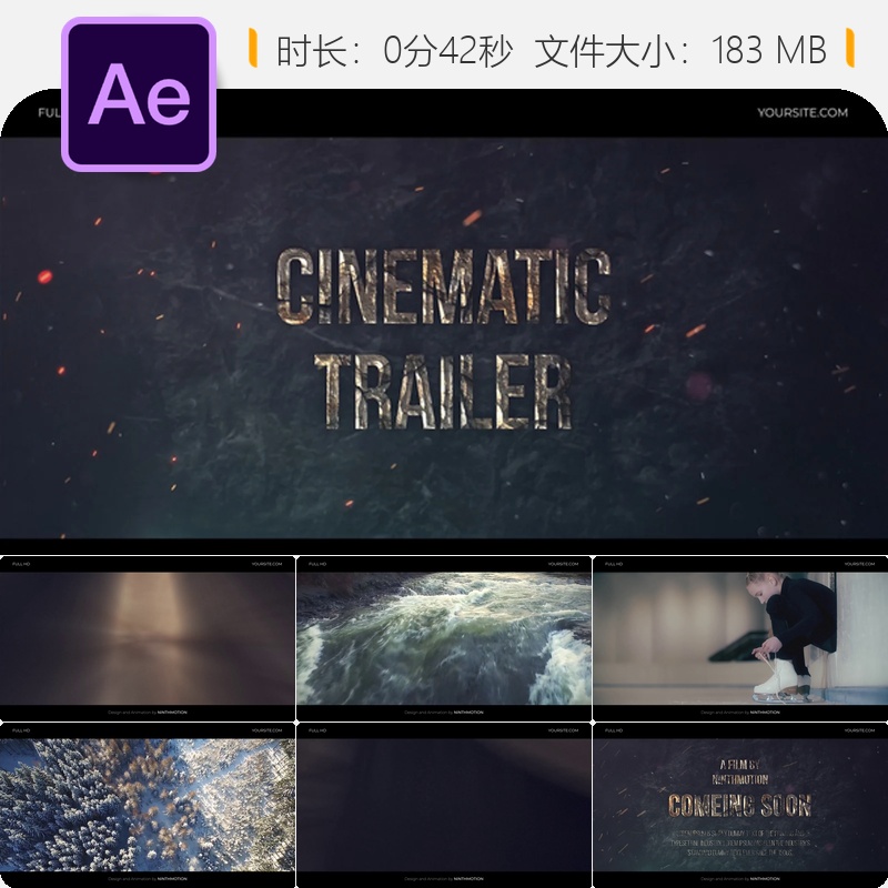 AE模板电影惊悚动作片头石纹特效动画4K影视预告片制作素材包