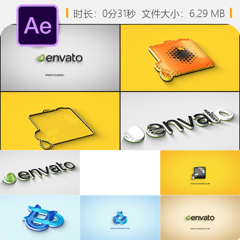 AE模板3D LOGO动画优雅光泽液体风格企业标志开场4K视频模板