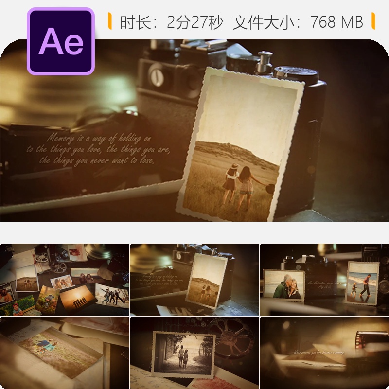 复古怀旧老照片相机幻灯片历史记忆相册展示AE视频模板素材包