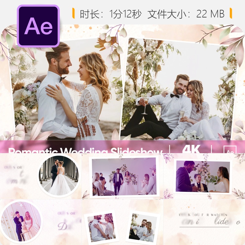 浪漫婚礼水彩花卉金色优雅AE模板动画视频故事婚礼邀请开场片