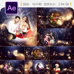 圣诞AE模板金色粒子驯鹿天使节日片头4K视频展示动画新年祝福