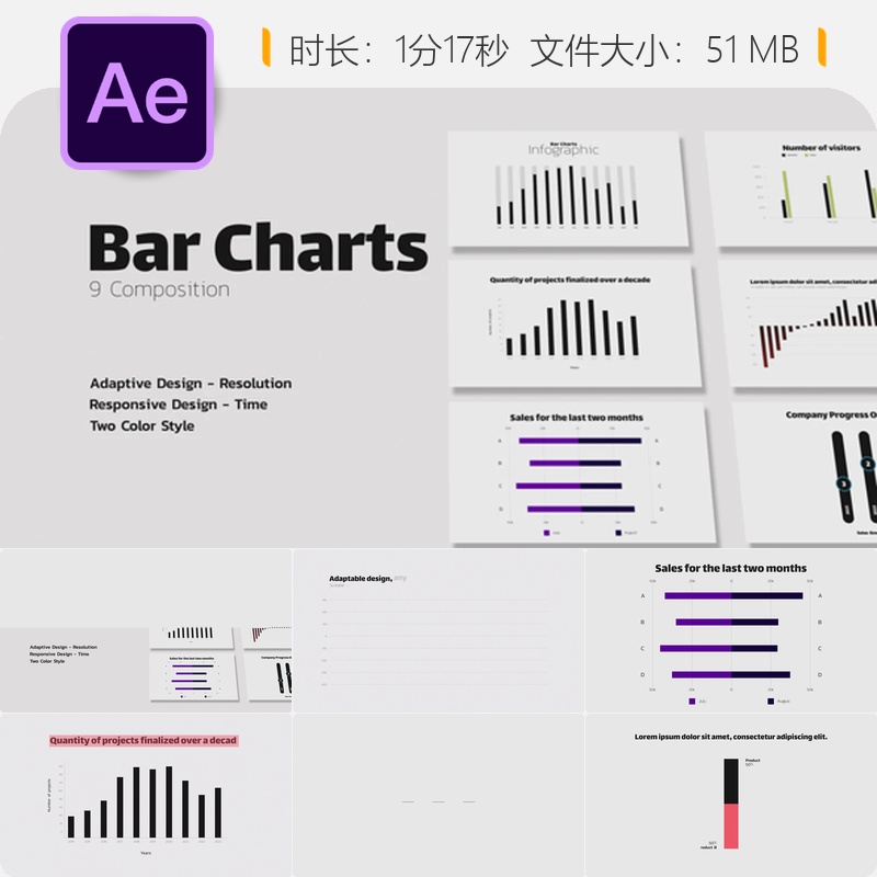 AE模板信息图表柱状图动画企业数据可视化金融背景动态图形设计