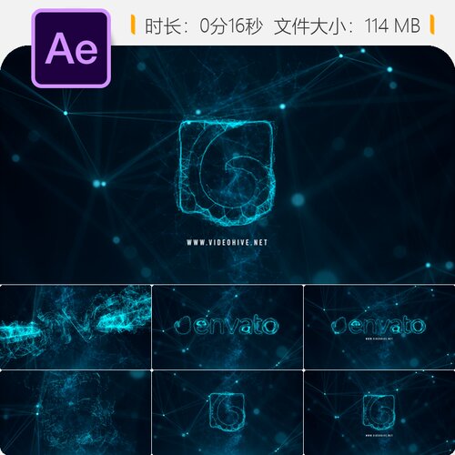Plexus科技感粒子网络LOGO动画AE模板科幻企业标志展示效果片头