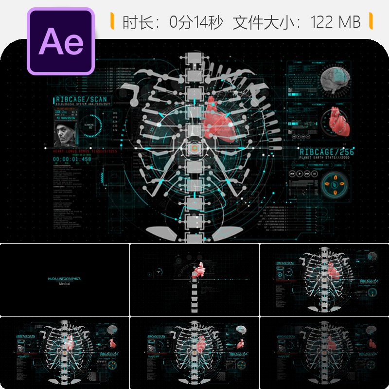 HUD医疗信息AE模板未来界面心脏医院医生COVID医疗信息图动画