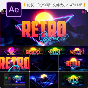 复古VHS电视霓虹3D网格LOGO开场片头AE模板4K分辨率山景开场动画