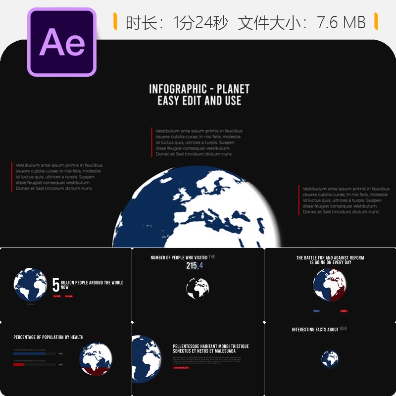 现代地球信息图表AE模板商务数据可视化城市国家地图动画设计
