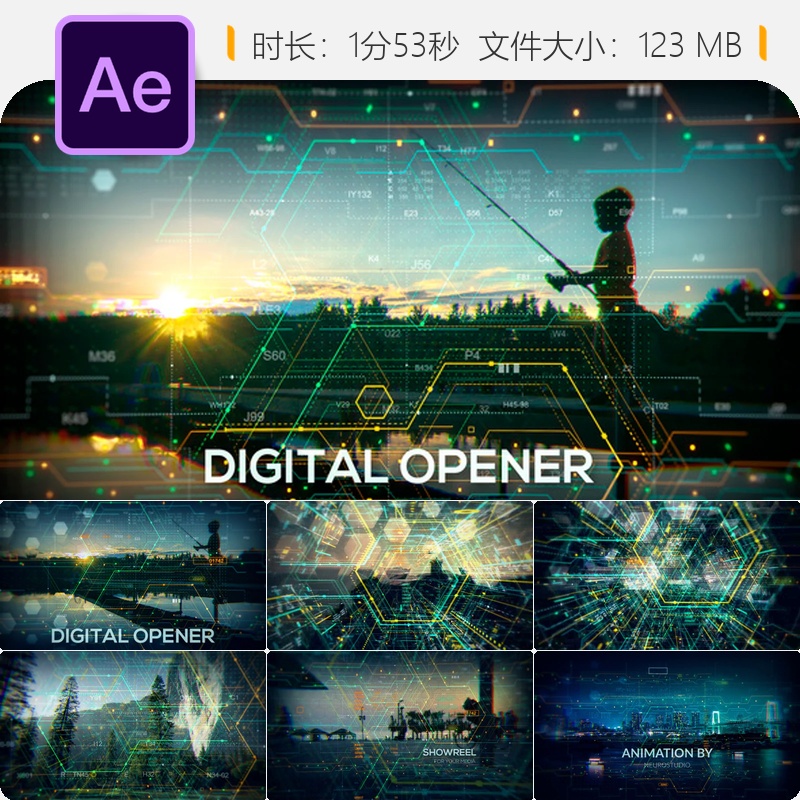 未来科技HUD数字开场AE模板4K科幻界面视差幻灯片信息图表动画