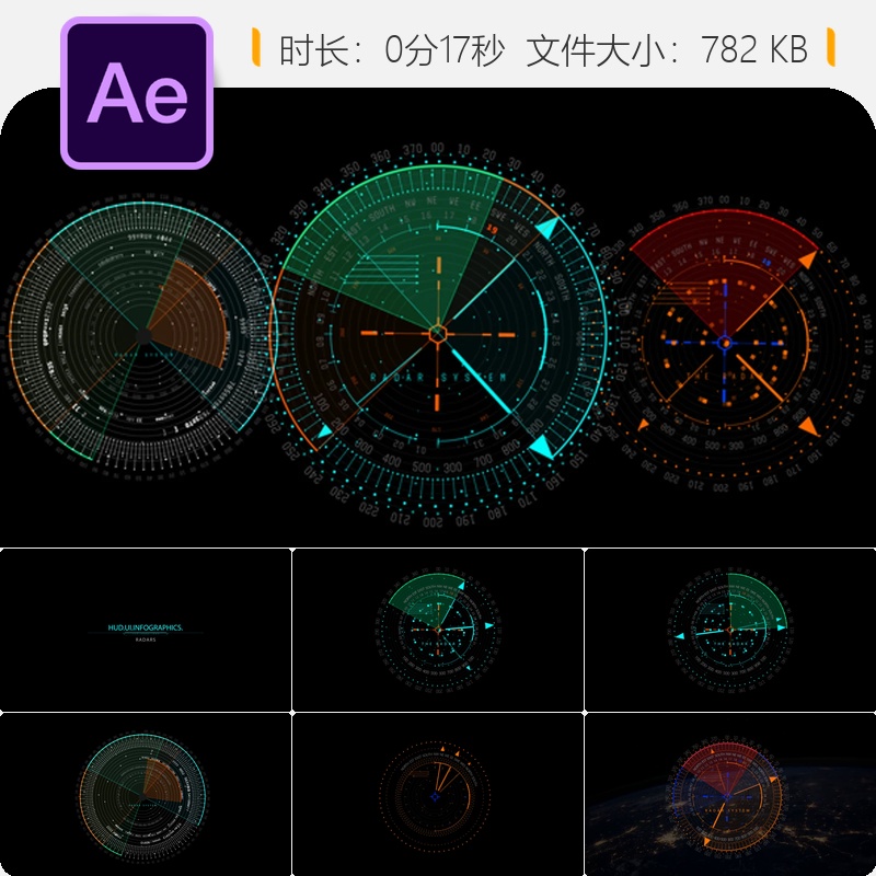 HUD信息雷达AE模板未来医疗科技军事战场元素动态特效设计素材