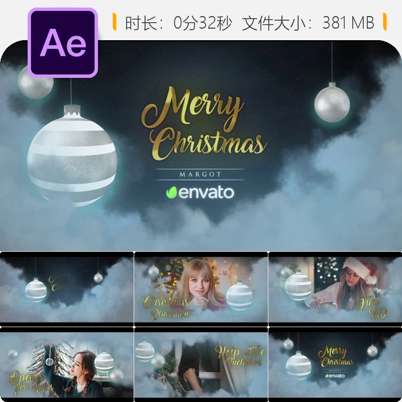 金色圣诞动态AE模板节日贺卡麋鹿精灵特效片头开场动画视频制作