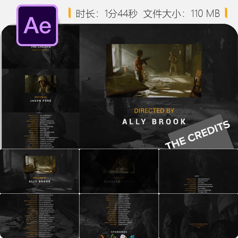 电影片尾滚动字幕AE模板影院风格电影演职员表序列动画特效设计