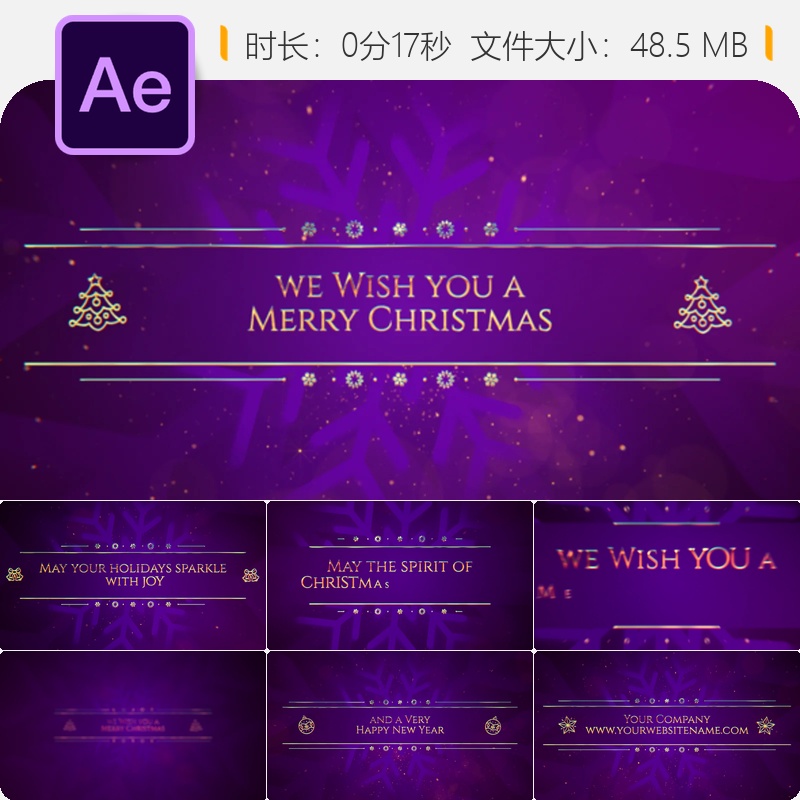 圣诞AE模板3D圣诞树铃铛装饰闪烁光效4K节日庆祝动画背景设计