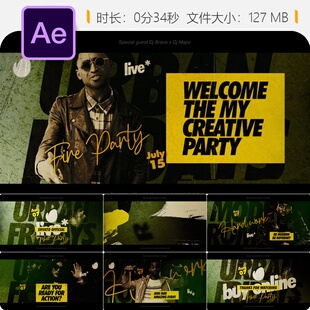 DJ音乐派对开场AE模板4K舞池灯光俱乐部庆典观众人群舞蹈狂欢