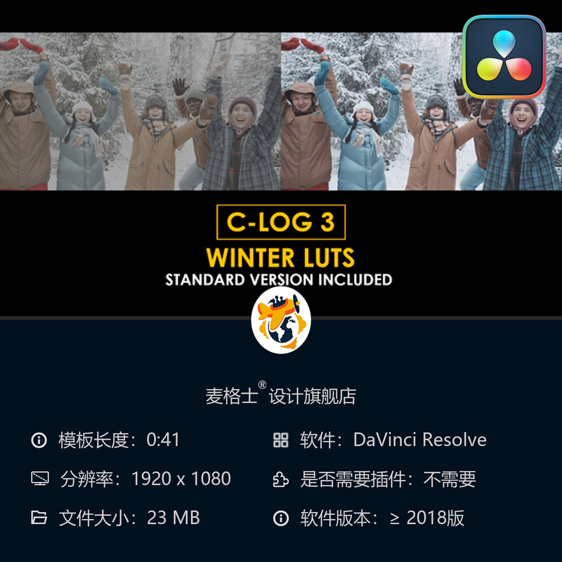 达芬奇电影感CLog3冬季雪景与标准风格专业调色LUT合集