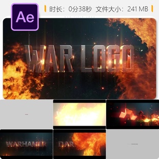 战争游戏AE模板金色粒子光效LOGO动画片头防御塔火焰烟雾特效