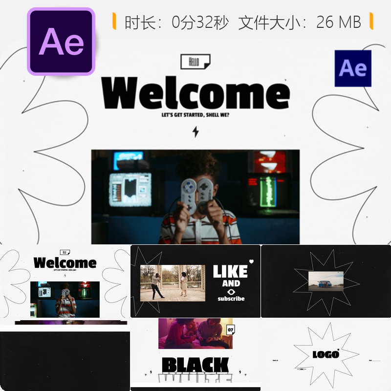 动态开场AE模板时尚创意快节奏优雅图像幻灯片动画设计4K高清