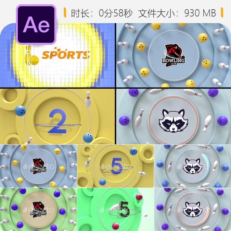 保龄球运动比赛开场倒计时3D白瓶撞击动态粒子特效AE视频模板