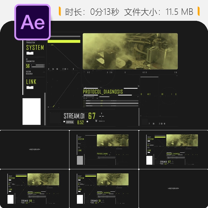 HUD科幻数据界面AE模板数字屏幕元素动态图形4K素材包无人机控制